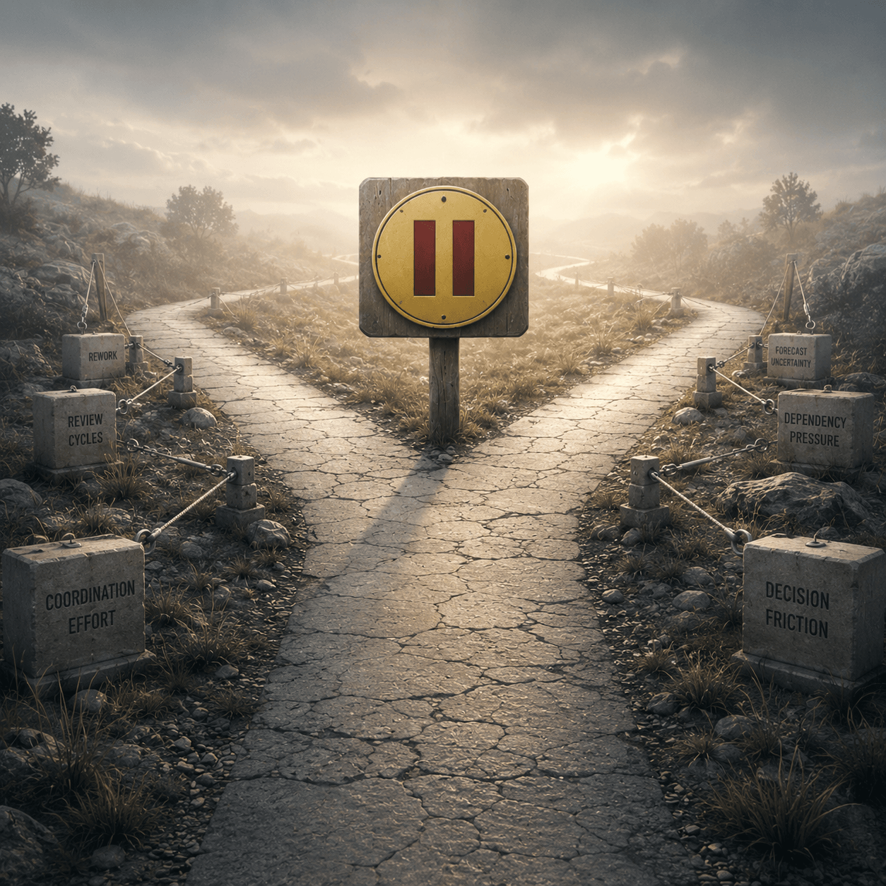 A visible path continues forward while increasing pressure and constraint form around it, illustrating a delivery position requiring greater effort to maintain confidence and direction.