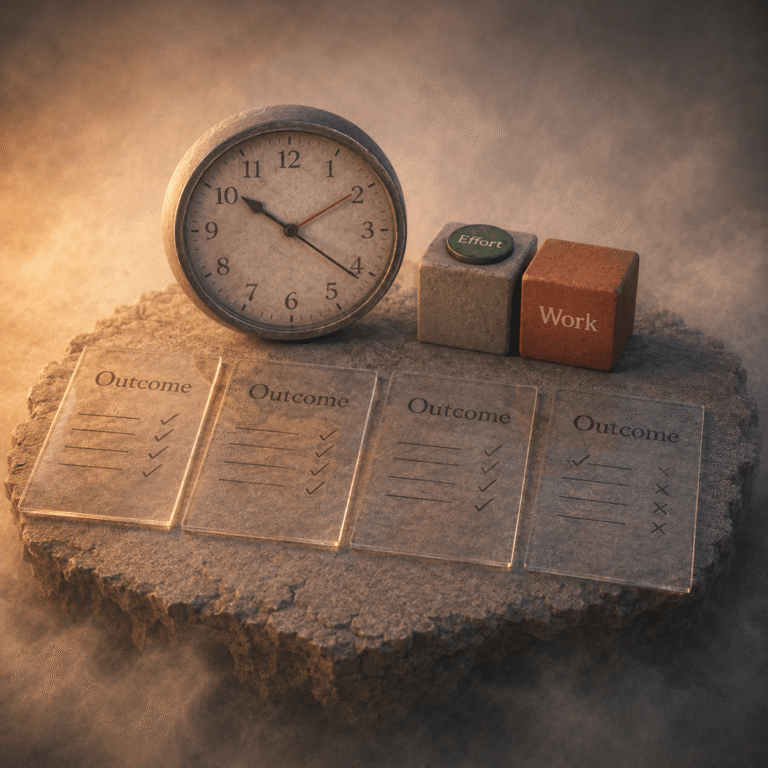 Clock, effort blocks and outcome sheets showing visible activity while progress becomes harder to verify.